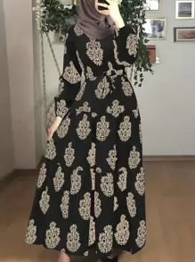 Women's Floral Print Round Neck Lantern Sleeve Ruffle Trim Belted Dress, Modest - Black - View 1