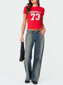 Women's Summer Casual Short Tops Short Sleeve Round Neck Letter Number Print T-Shirt - Red - View 8