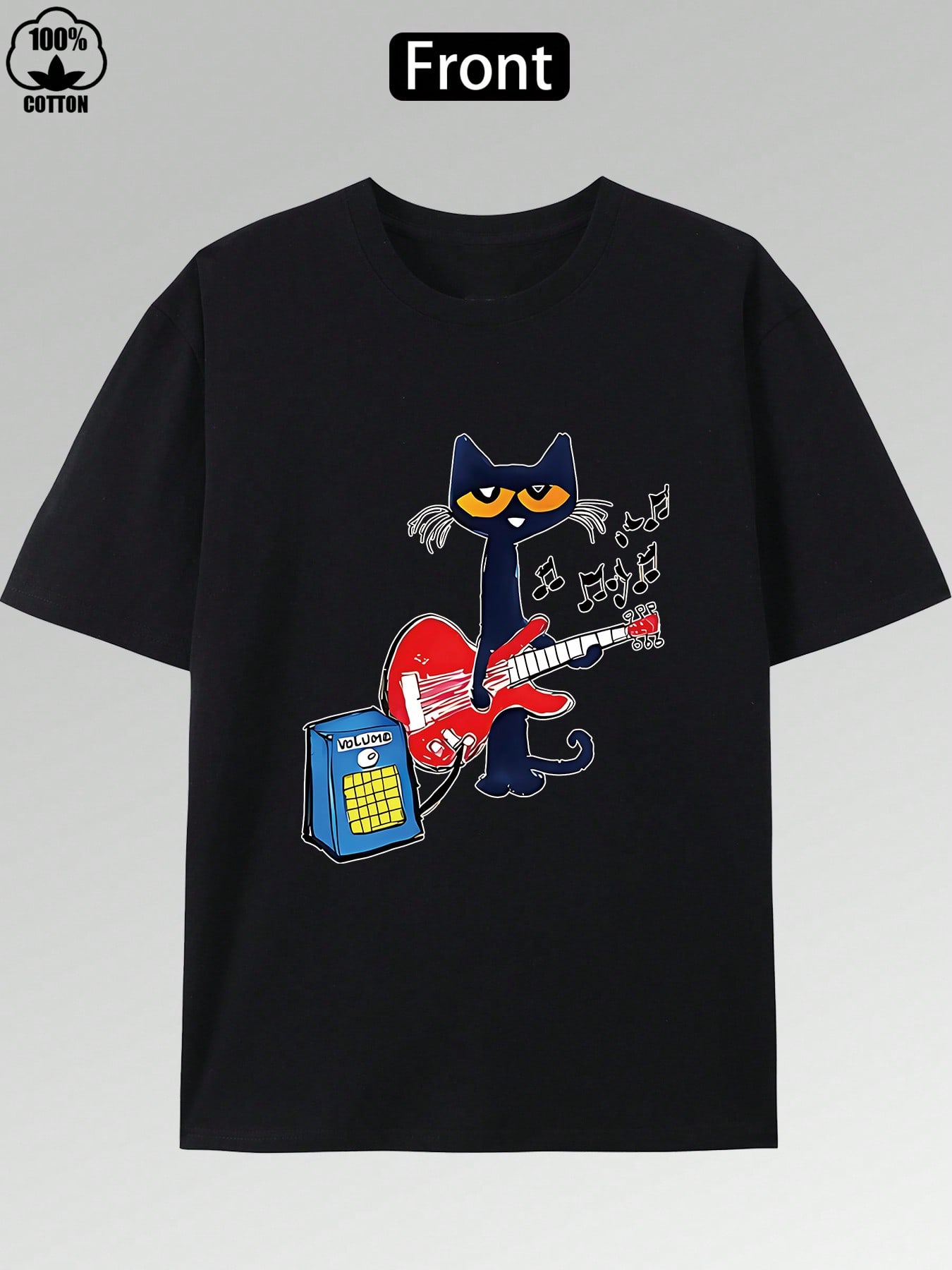 Vibrant Music Guitar Kitten Print T-Shirt -220g, Pure Cotton Short Sleeved Round Neck Top, Fashionable And Casual Boutique Men's T-Shirt - High-Quality Cartoon Print, Soft And Breathable, Perfect For Music Enthusiasts And Kitten Fans