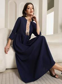 Women's Sequin Trimmed V-Neckline Embroidered Collage Seven-Quarter Sleeve Solid Color Dress. - Navy Blue - View 4