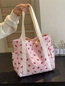 极简草莓印花女士单肩包，大容量度假旅行户外手提包，休闲多口袋顶部提手灯芯绒手提包，轻便便携日常购物斜挎包，适合通勤和外出 - 粉色 - 查看 3
