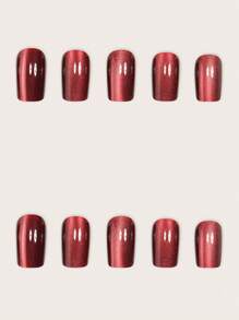 展现您的美丽 24 件中号方形按压式指甲优雅闪亮红色猫眼假指甲时尚勃艮第猫眼假指甲全覆盖假指甲套装适合女性和女孩，包括美甲沙龙用 1 块果冻凝胶和 1 个锉刀 Stri 果冻凝胶随机发货 - 紅色 - 查看 3