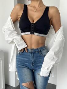1 pièce Soutien-gorge noir sans armature à micro-côtes pour femmes, à fermeture frontale, sexy et confortable
