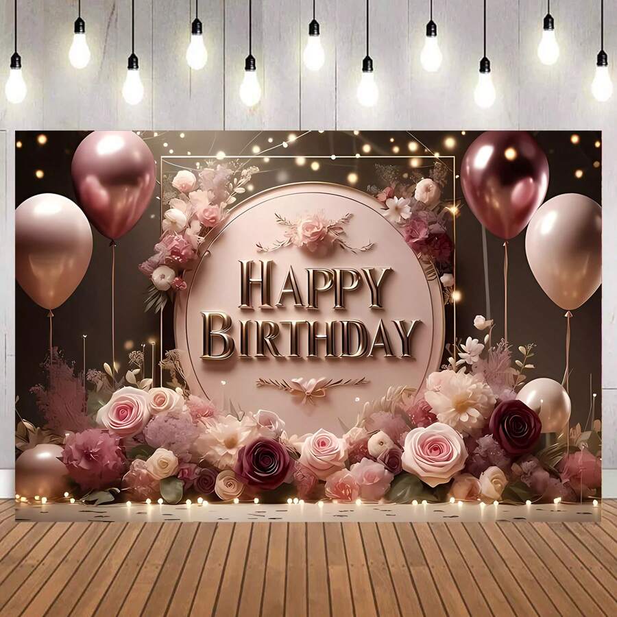 1PC Balon reutilizabil cu flori de trandafir roz, tema de zi de naștere, petrecere de aniversare, prăjituri pentru masă, banner decorativ din pânză din spate, decorat perfect, perete din camera de petrecere de zi de naștere, pânză din spate, accesorii de studio, nu este nevoie de energie 82,7*59,1/59,1*39,4/39,4*29,5 inci - Multicolor - Vizualizare 1