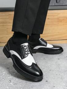 Men's Black & White Patent Leather Brogue Shoes, Lace-Up Thick Sole Elevated Business/Formal Office Dress Shoes, Suitable For Weddings, Parties, Saturday Night Balls, Groom's Wedding Shoes - Black and White - View 8
