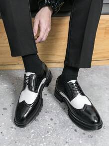 Men's Black & White Patent Leather Brogue Shoes, Lace-Up Thick Sole Elevated Business/Formal Office Dress Shoes, Suitable For Weddings, Parties, Saturday Night Balls, Groom's Wedding Shoes - Black and White - View 5