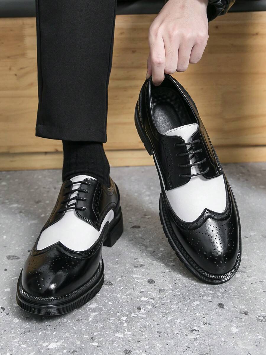 Men's Black & White Patent Leather Brogue Shoes, Lace-Up Thick Sole Elevated Business/Formal Office Dress Shoes, Suitable For Weddings, Parties, Saturday Night Balls, Groom's Wedding Shoes - Black and White - View 1