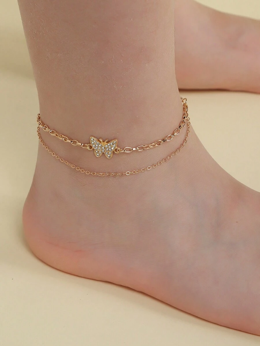 1pc Girls' Rhinestone Butterfly Gold Anklet, Suitable For Daily Wear - Butterfly - View 1