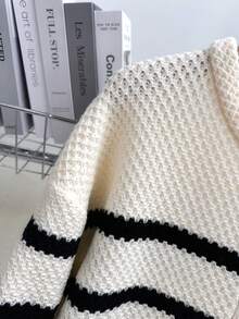 BuyK [Tops]SAKI French Niche Single-Breasted Striped Versatile Half-Open Collar Loose Knit Sweater For Women - Apricot - View 6