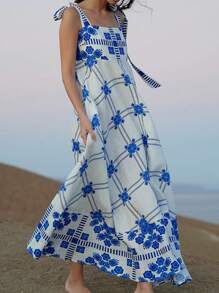 Polka Dot & Floral Print Square Neck Tied Waist Boho Dress, Blue & White Porcelain Style, Suitable For Holiday, Spring/Summer