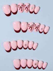 24片椭圆形可爱蝴蝶结闪光法式美甲贴纸，完美贴合，亚克力假指甲套装包含：1片果冻胶和1个指甲锉，适合情人节、女性和女孩，日常和派对美甲护理用品。 - 彩色 - 查看 3