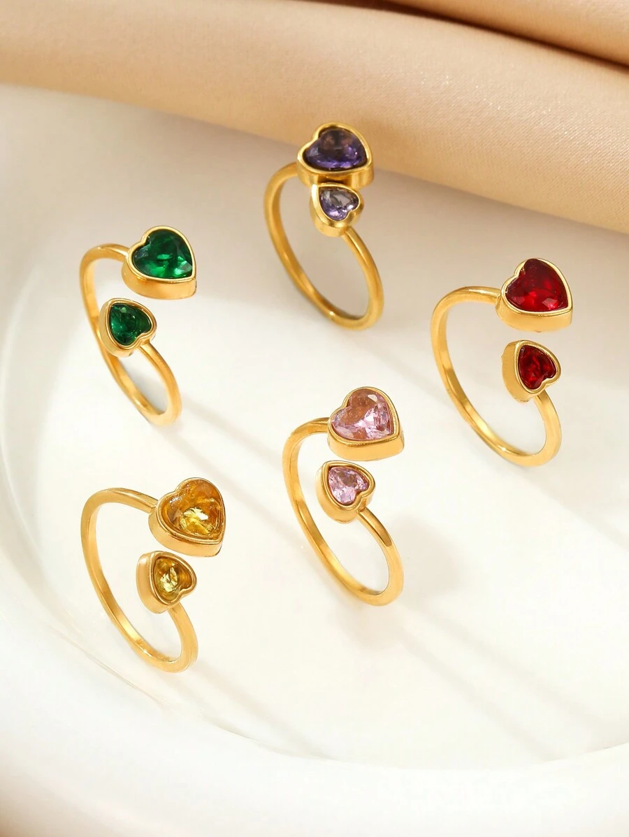 1 件/5 件不锈钢双心设计戒指套装，金色时尚简约女士珠宝，适合日常佩戴或送礼 - 金黃色 - 查看 1