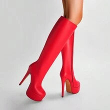 Women's Red High Heel Platform Zipper Ankle Boots - Red - View 3