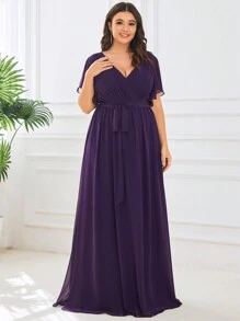 EVERPRETTY Plus Elegant Fall Winter V Neck Pleated Ruffle Sleeves Purple Wedding Guest Dresses Formal Dresses For Dinner Party