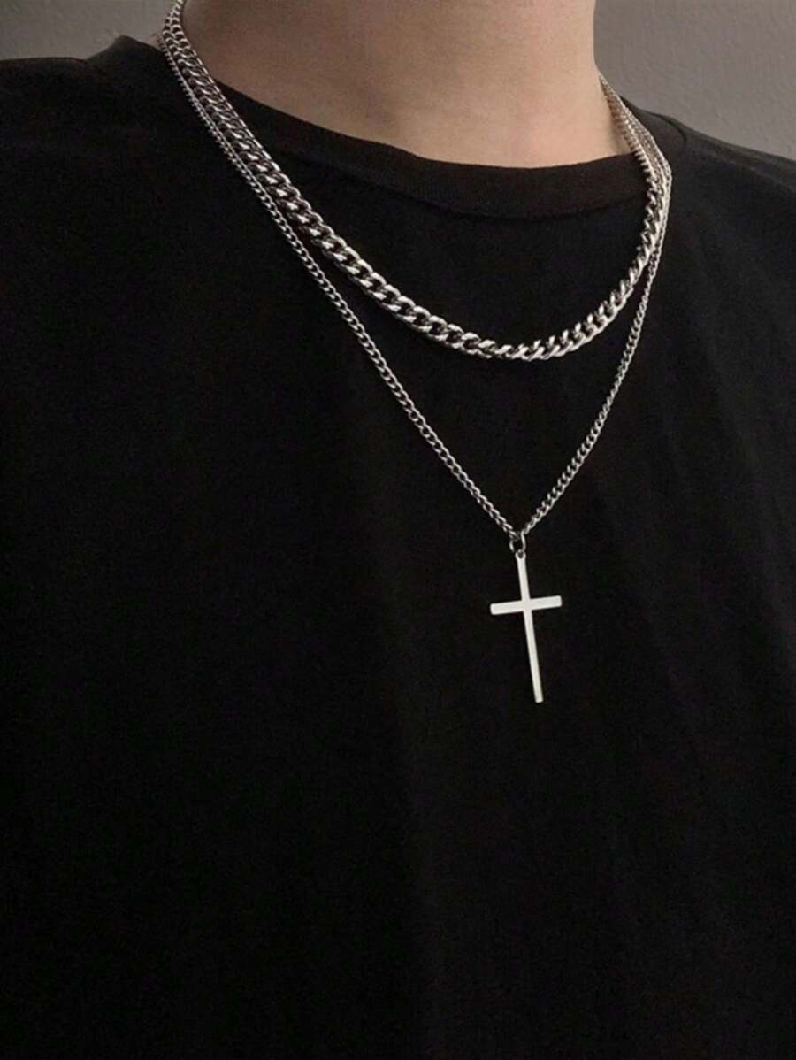 1pc Minimalist Double Layer Cross Necklace, Elegant Fashion Pendant For Men