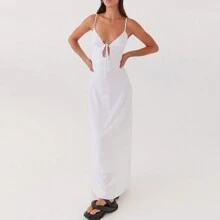 Women's Summer Long Dress Sleeveless Spaghetti Strap Tie-Up Front Loose Dress Back Cutout Dress - trắng - Xem 1