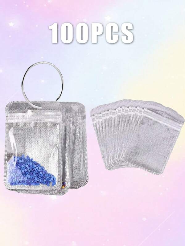 Diamond Painting Tool Storage Bag,Multi-Purpose Ziplock Bag And 1 Metal Ring, Classified Beaded Decorative Accessories, Silver Plastic Ziplock Bag, Suitable For Various DIY Diamond Embroidery, Nail Art Decoration Crafts, Mosaic Art Painting Production Crafts