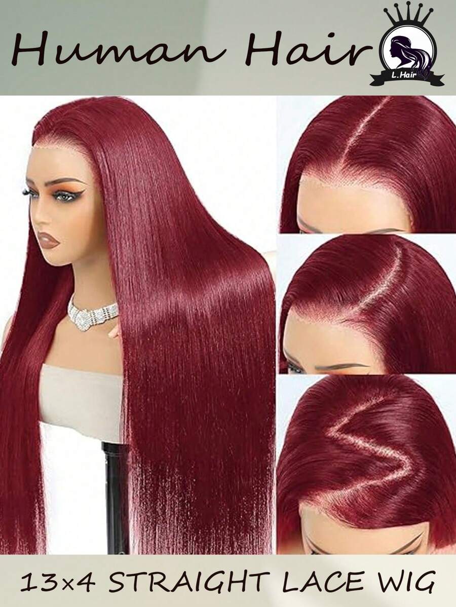 Tóc giả ren phía trước màu đỏ tía 26 inch làm từ tóc thật 150% mật độ Tóc giả tóc người màu đỏ 13*4 T Tóc giả thẳng màu đỏ tía trong suốt được nhổ sẵn với tóc con cho phụ nữ (Tóc giả ren phía trước thẳng 99j 26 inch Tóc giả tóc người - Màu Đỏ Sâu - Xem 1