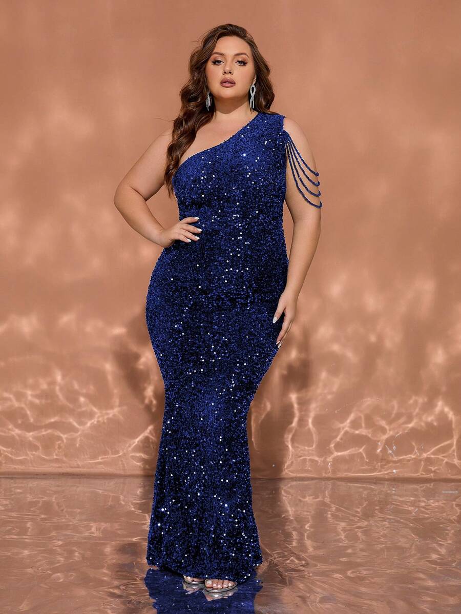 Plus Size Blue Sequin One-Shoulder Floor-Length Evening Gown - Blue - View 1