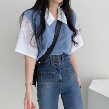 Elegant Fashion Blouses, Casual Short Sleeve Tops, Women's Polo Neck T-Shirt, Women's Blouses, Blue, Almond, Black - 藍色 - 查看 4