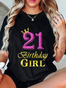 21st Birthday Girl Princess Shirt 21 Years Old 21st Birthday T-Shirt Round Neck Short Sleeve T-Shirt Women's Men's Graphic Tee