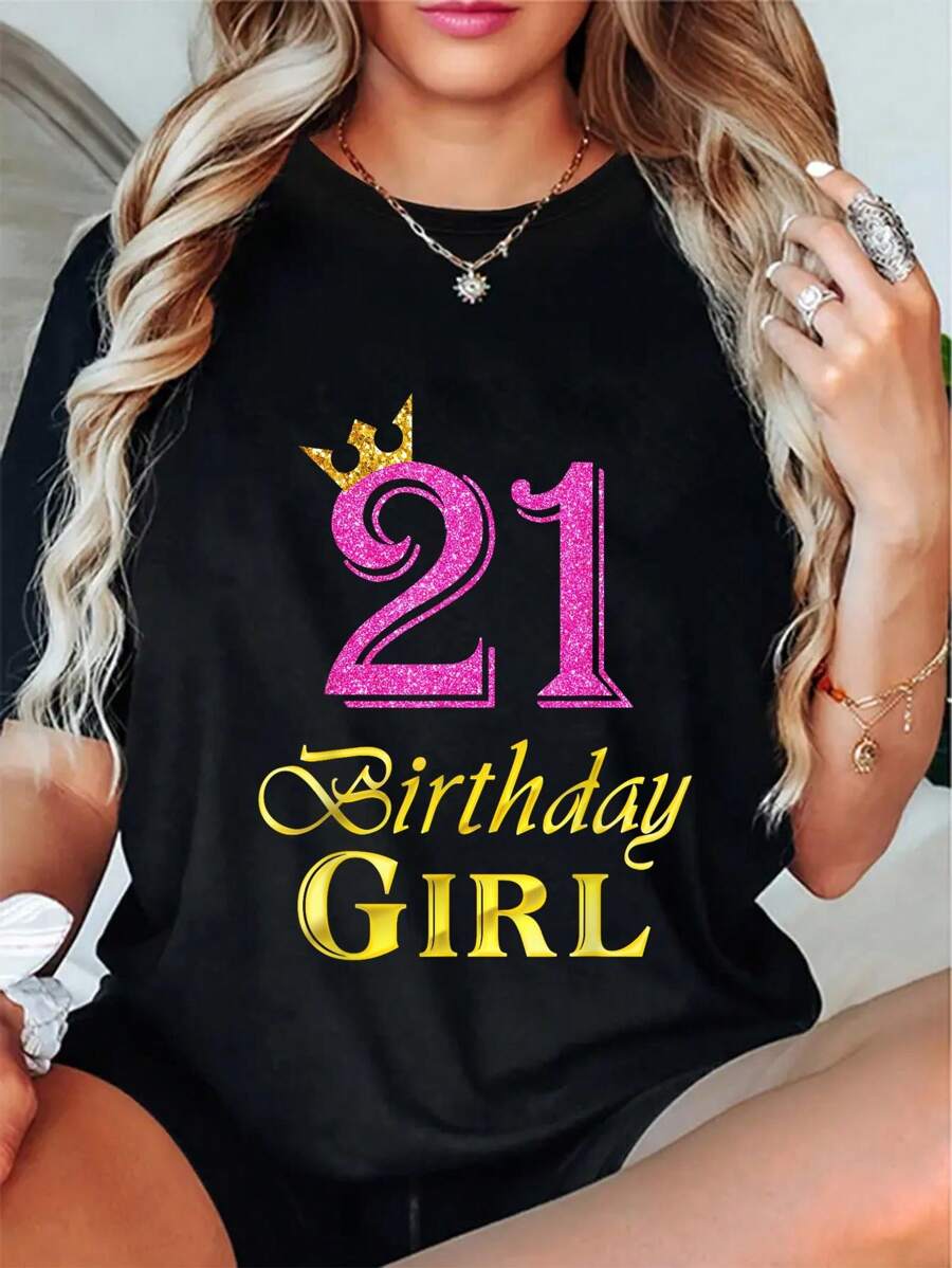 21st Birthday Girl Princess Shirt 21 Years Old 21st Birthday T-Shirt Round Neck Short Sleeve T-Shirt Women's Men's Graphic Tee