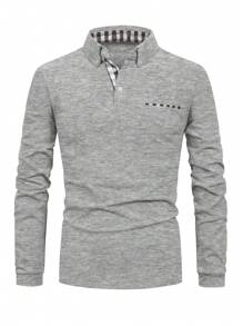Men Plaid Trim Long Sleeve Tennis Polo Shirt