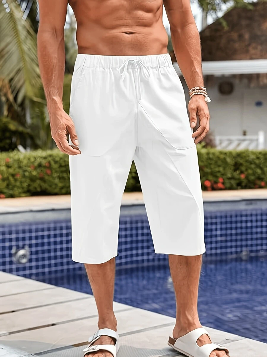 hoteel Mens Beach Linen Shorts Casual Loose Cotton Cropped Pants Elastic Waist Drawstring Summer Classic Beach Shorts With Pockets - trắng - Xem 1