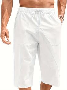 hoteel Mens Beach Linen Shorts Casual Loose Cotton Cropped Pants Elastic Waist Drawstring Summer Classic Beach Shorts With Pockets - trắng - Xem 3