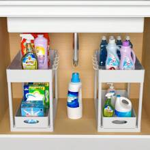 GROWSUN-2 Pack Under Sink Organizer, Bathroom Cabinet Organizer, 2 Tier Sliding Cabinet Basket Organizer Drawer, Multi-Purpose Bath Collection Baskets For Bathroom Under Counter Storage Organizer With 8 Hooks, Utility Racks - White - View 2