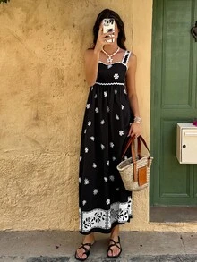 女士花卉印花拼布丝带假日吊带连衣裙