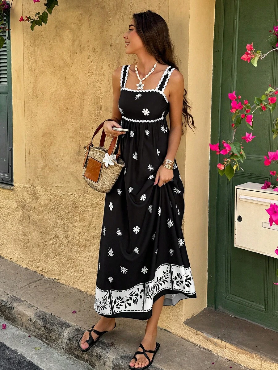 女士花卉印花拼布丝带假日吊带连衣裙