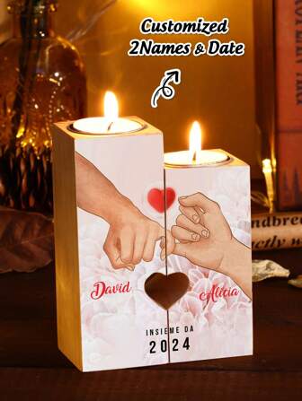 1 Stück personalisierbare Holz Kerzenhalter, individuell bedruckter quadratischer/herzförmiger Kerzenhalter in Wunschfarbe, mit individualisiertem Namen und Datum, verwendet für Dekoration Zuhause in Wohnzimmer, Arbeitszimmer, Küche, Schlafzimmer, zu Valentinstag, Muttertag, Vatertag, Erntedankfest, Weihnachten, Geburtstagen, Jubiläen und als Hochzeitsgeschenk (ohne Kerzen)