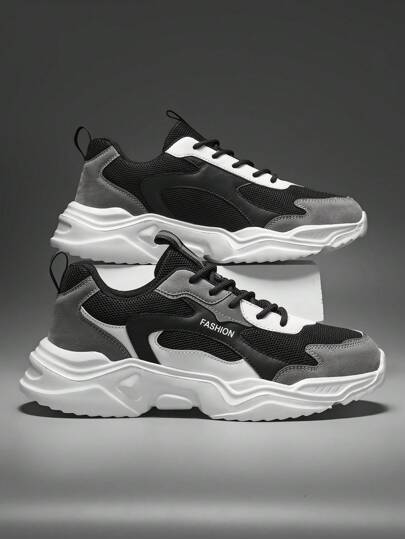 男士时尚字母印花纯色皮革和网眼系带低帮运动鞋，个性化百搭户外休闲舒适跑步鞋