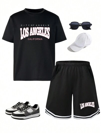 Tween Boy 2-Piece Sports Style Los Angeles Slogan Letter Print Set Casual Versatile T-ShirtandComfortable And Minimalist Short Sleeved Shorts Suitable For Outdoor Sports Two-Piece Set