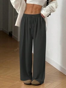 Pantalon large à taille élastique et cordon de serrage de couleur unie pour femmes, pour le printemps/été, décontracté et pour le travail