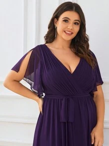 EVERPRETTY Plus Elegant Fall Winter V Neck Pleated Ruffle Sleeves Purple Wedding Guest Dresses Formal Dresses For Dinner Party
