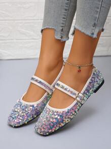 Women's Colorful Sequin Ballet Flats, New Autumn Casual Slip-On Soft Sole Flat Shoes, Random Pattern Design, Gray Color