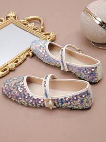 Women's Colorful Sequin Ballet Flats, New Autumn Casual Slip-On Soft Sole Flat Shoes, Random Pattern Design, Gray Color