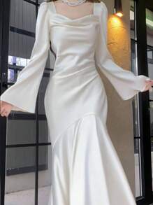 法式长袖鱼尾裙主持人女装新款时尚纯色缎面认证订婚礼服性感包臀女士晚礼服酒会聚会连衣裙婚礼宾客礼服