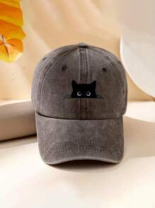 1pc Black Cat Print Washed Baseball Cap, Unisex Outdoor Casual Sun Visor Hat