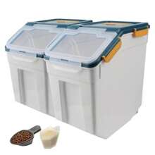 Set Of 2 25KG Airtight Flour Storage Containers Rice Food Storage Buckets Y Food Dispenser Large Grain Sealed Containers With Wheels  Storage Bins Blue - Blue1 - View 1