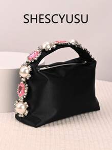 Bolsa de noite elegante para senhoras, bolsa de noite com strass em forma de lágrima de pérola falsa, bolsa de mão retrô de cetim, bolsa de festa de celebridades, leve e portátil, em formato de caixa de bento, corrente removível, adequada para uso diário ou festa à noite, bolsa para mulheres elegante, luxo