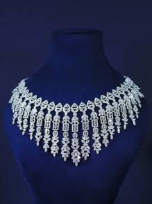 5 件奢华白金镀叶流苏新娘首饰套装，包括项链、手镯、耳环、戒指，镶嵌白色方晶锆石，适合尼日利亚和沙特阿拉伯新娘、婚礼、派对、周年纪念礼物（礼盒包装） - 幾何形 - 查看 5