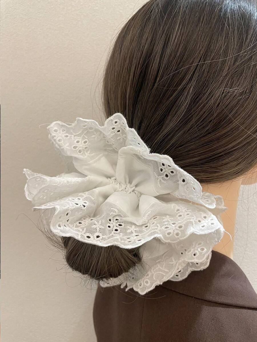 1pc White Double-Layer Lace Ruffle Large Hair Scrunchie, Ideal For Buns, Ponytails, Gentle On Hair, Suitable For Daily Wear, Romantic French Ballet Style Hair Accessory Hair Ties Ponytail Holders Hair Elastics Hair Rubber Bands Scrunchies Hair Rope Elastic Hair Tie, Hair Bobbles