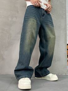 HEHCN Men's Pocketed Washed Retro Vintage Blue Wide Leg Casual Loose Jeans, Streetwear Baggy Pants, Suitable Gift For Husband, Boyfriend - Blue - View 3