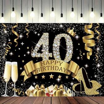 Reusable Portable Black & Gold Birthday Backdrop, Suitable For Photo Shoot, Party, Wedding, Home Decor - Shiny Black & Gold Birthday Party Photography Backdrop, For 40th, 50th, 90th Birthday Celebration, Black & Gold Birthday Party Decor, Suitable For Women, Multi-Purpose