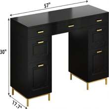 Computer Desk With Drawers, 58 Inch White Desk With Storage, Wood Computer Desk With 6 Drawers, Executive Desk With File Cabinet, White/Black - 黑色 - 查看 5