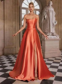 VIPGIRL Elegant Coral Orange Strapless Long Party Dress For Women In Solid Color, Wedding Guest Dress - Coral Orange - View 1