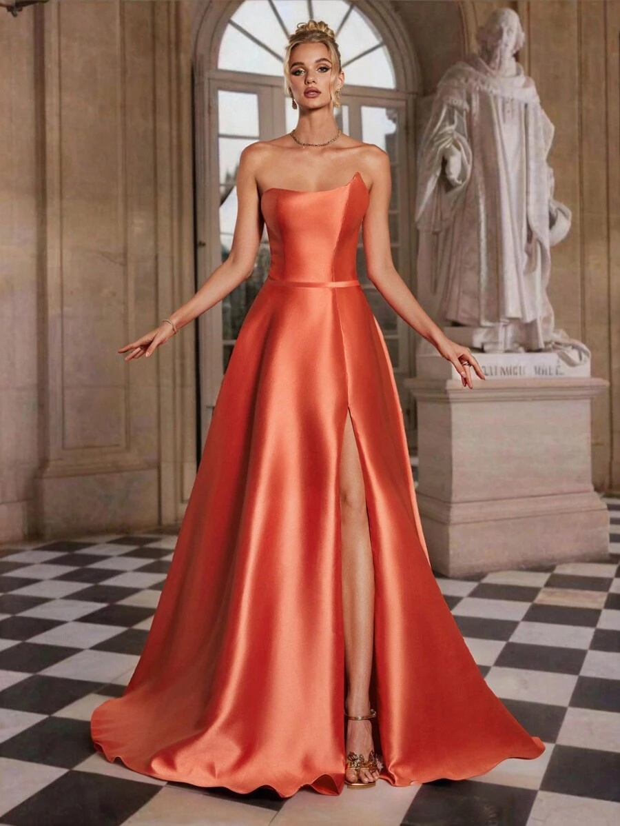 VIPGIRL Elegant Coral Orange Strapless Long Party Dress For Women In Solid Color, Wedding Guest Dress - Coral Orange - View 1